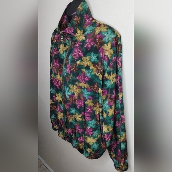 VTG 80s 90s Teddi Women's XL Satin Bomber Jacket AOP Leaf Full Zip Shoulder Pads - Picture 5 of 10